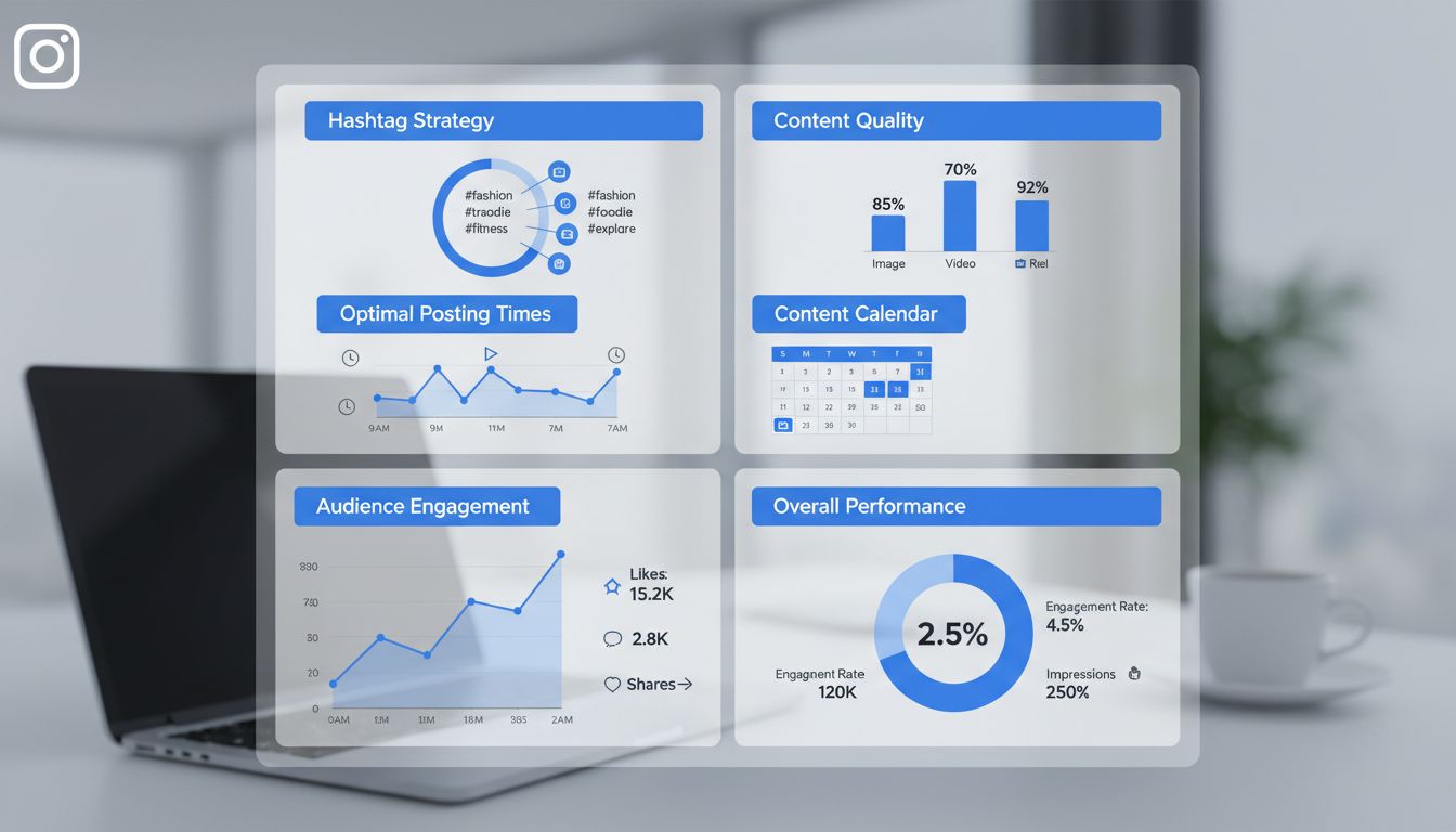 Instagram marketing strategie dashboard met hashtagonderzoek, analytics, contentkalender en betrokkenheidsstatistieken