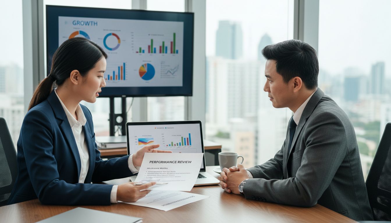 Professioneel zakelijk overleg tussen werknemer en manager over loonsverhoging met prestatiecijfers en bewijsmateriaal