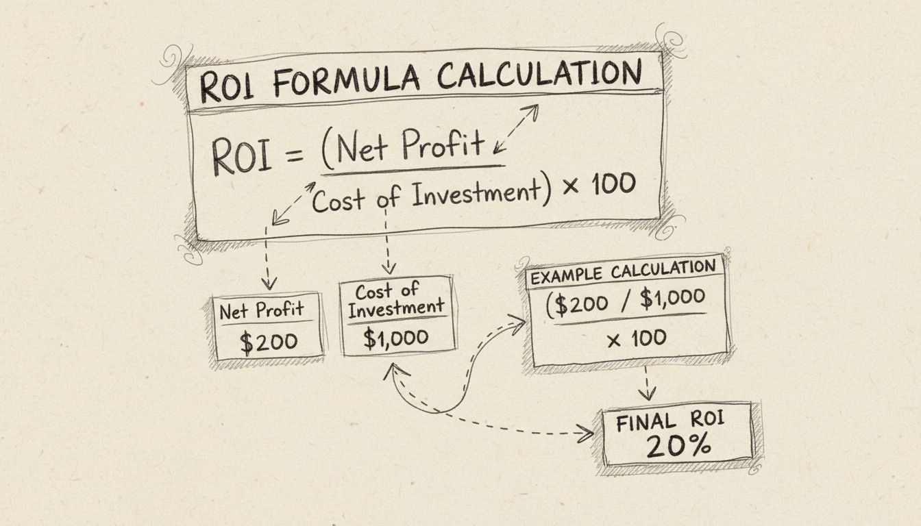 Met potlood getekend diagram met ROI-formule en rekenvoorbeeld