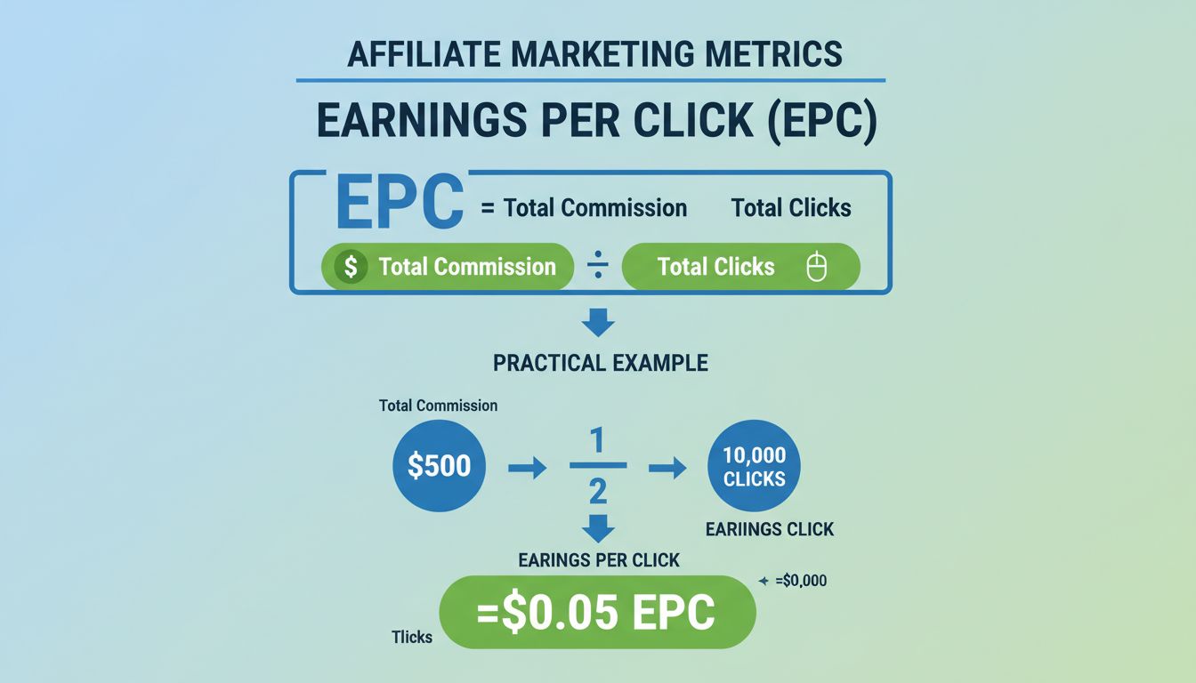 EPC-berekeningsformule infographic met totale commissie gedeeld door totaal aantal klikken