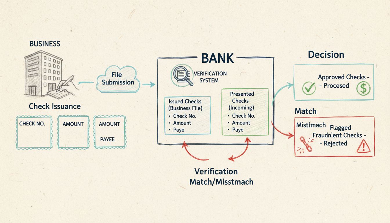Diagram van het Positive Pay-proces met uitgifte van cheques, indiening van het bestand, aanbieding van de cheque, verificatie en besluitvormingsfasen