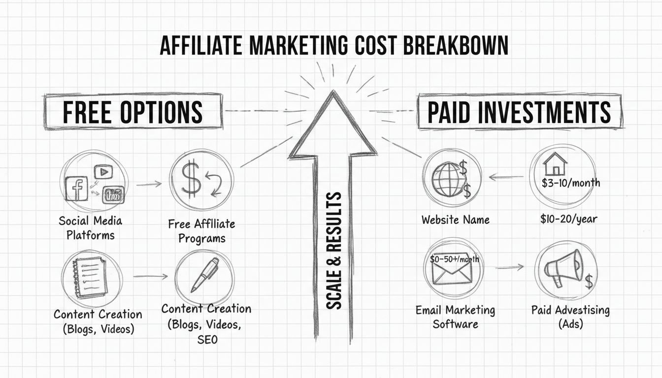 Affiliate marketing kostenoverzicht diagram met gratis opties zoals social media en betaalde investeringen zoals hosting en e-mailmarketing