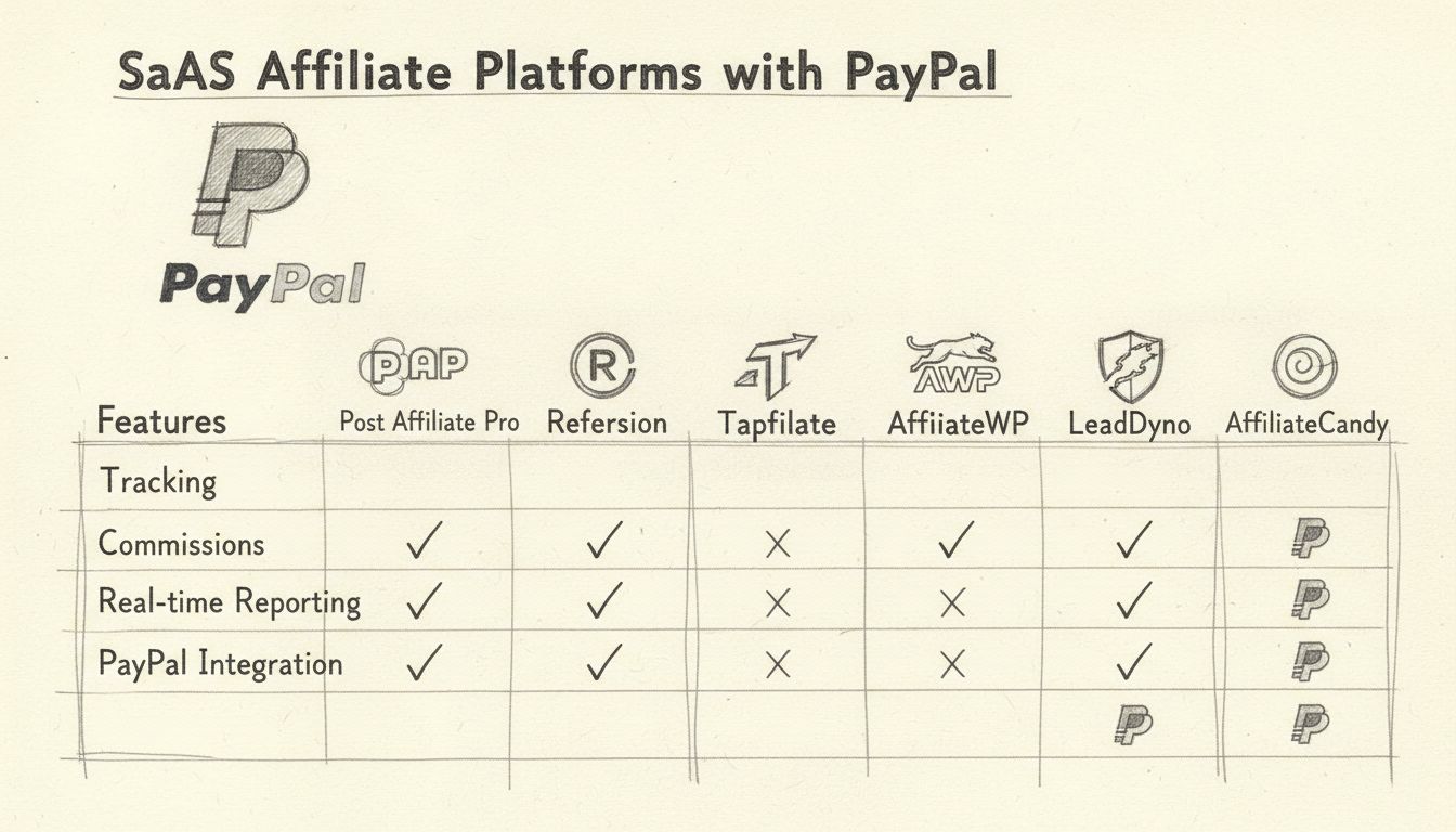 Vergelijkingsdiagram van 6 affiliate software platforms voor SaaS met PayPal-integratie