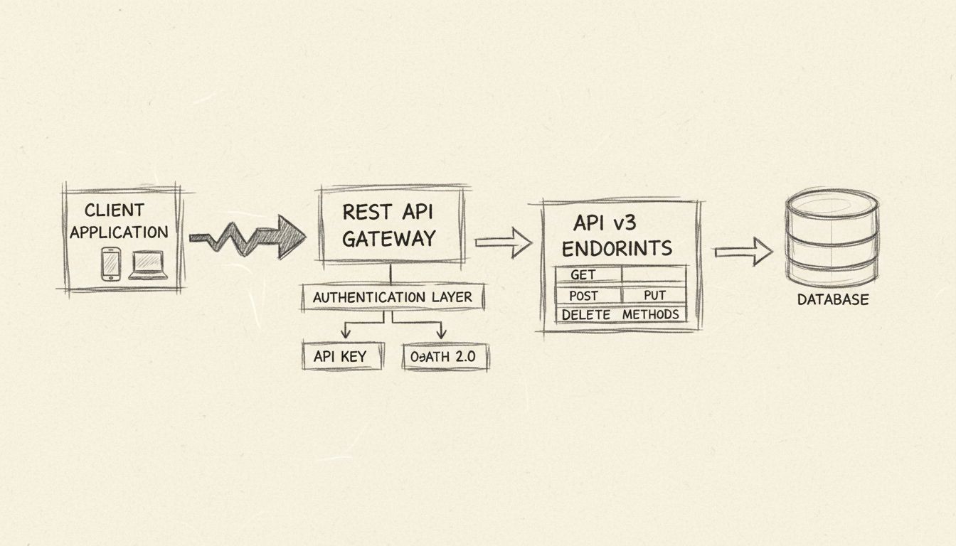 REST API Architectuurdiagram dat een Clientapplicatie toont die verbinding maakt met de REST API Gateway met Authenticatielaag die API-sleutel en OAuth 2.0 ondersteunt, routerend naar API v3 Endpoints met HTTP-methoden en verbinding makend met Database