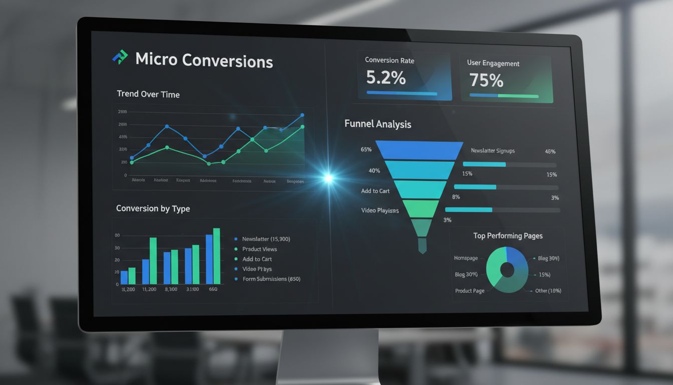 Professioneel analytics-dashboard dat microconversietracking toont met grafieken, statistieken en conversietrechtervisualisatie