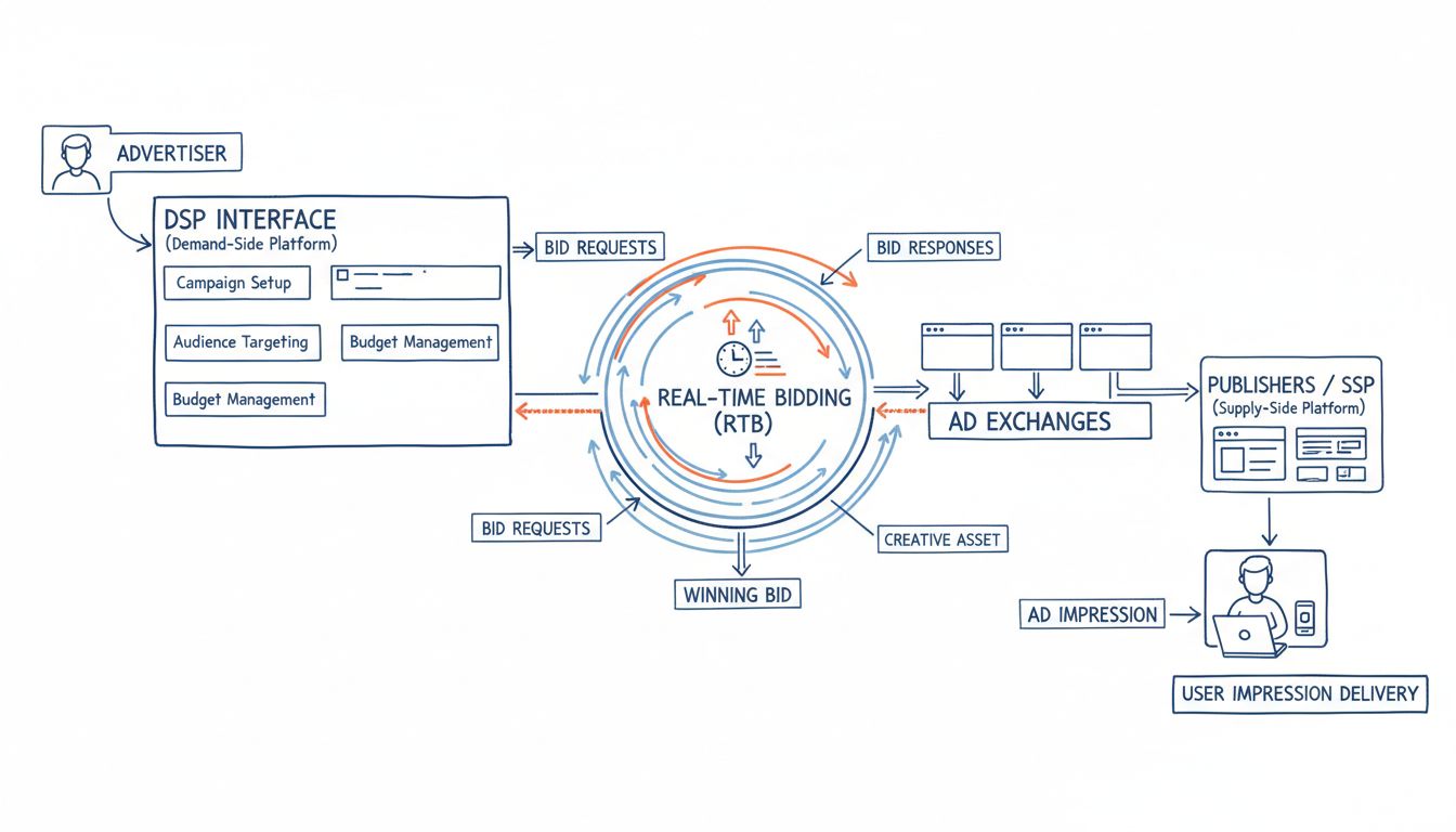 Technisch diagram dat toont hoe demand-side platforms werken in programmatic advertising met adverteerdersinterface, realtime bieden, advertentie-exchanges, uitgevers en levering van gebruikersimpressies