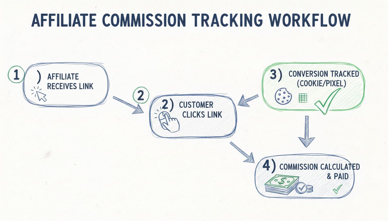 Workflow voor het bijhouden van affiliate commissies met conversietrackingstappen van klik tot betaling
