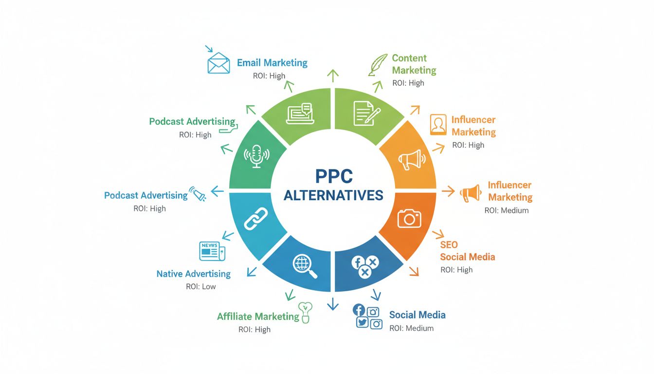 Marketingkanaal alternatieven voor PPC-advertising met e-mailmarketing, contentmarketing, influencermarketing, SEO, social media, affiliatemarketing, native advertising en podcast advertising in een cirkeldiagram met ROI-indicatoren