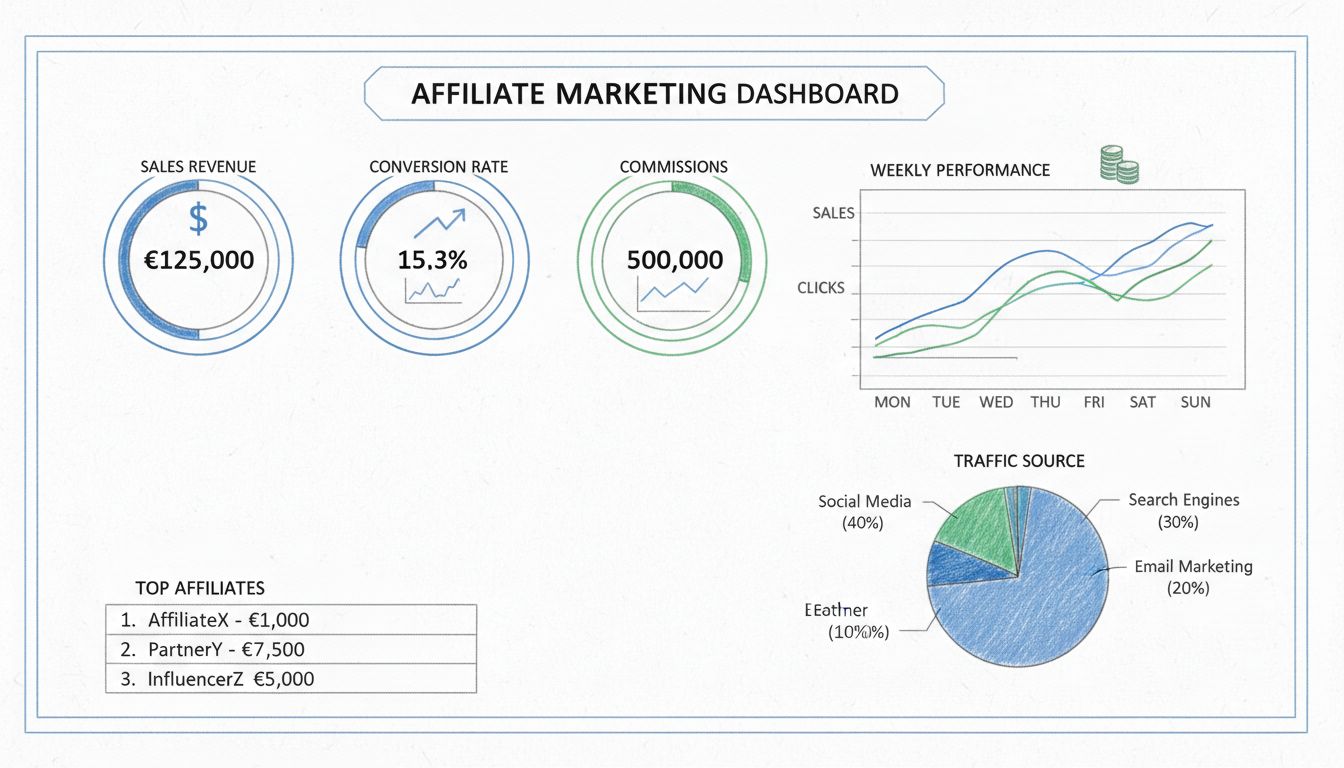 Affiliate marketing dashboard met quick report KPI-metrics zoals omzet, conversieratio, kliks, commissies en top affiliates