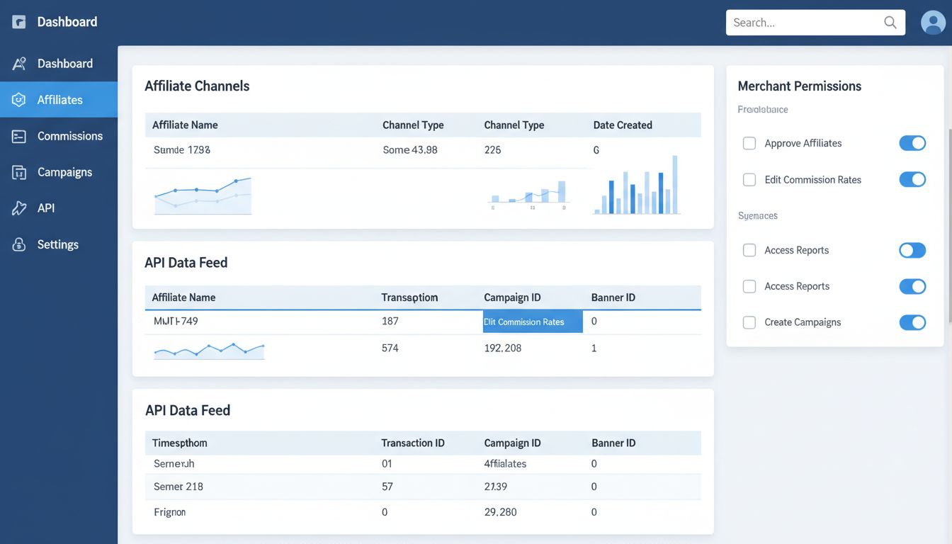 Post Affiliate Pro-dashboard toont de kolom 'Datum aangemaakt' voor affiliatekanalen, campagne-ID- en banner-ID-tracking en merchant-rechtenbeheer