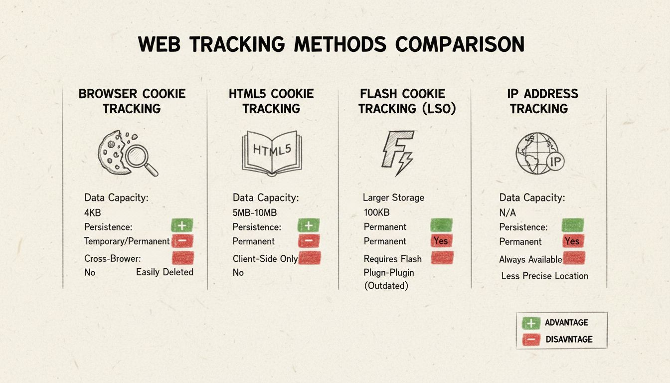 Vergelijkingsdiagram van trackingmethodes met browsercookies, HTML5-opslag, flash-cookies en IP-adres tracking met gegevenscapaciteit, persistentie en cross-browser mogelijkheden
