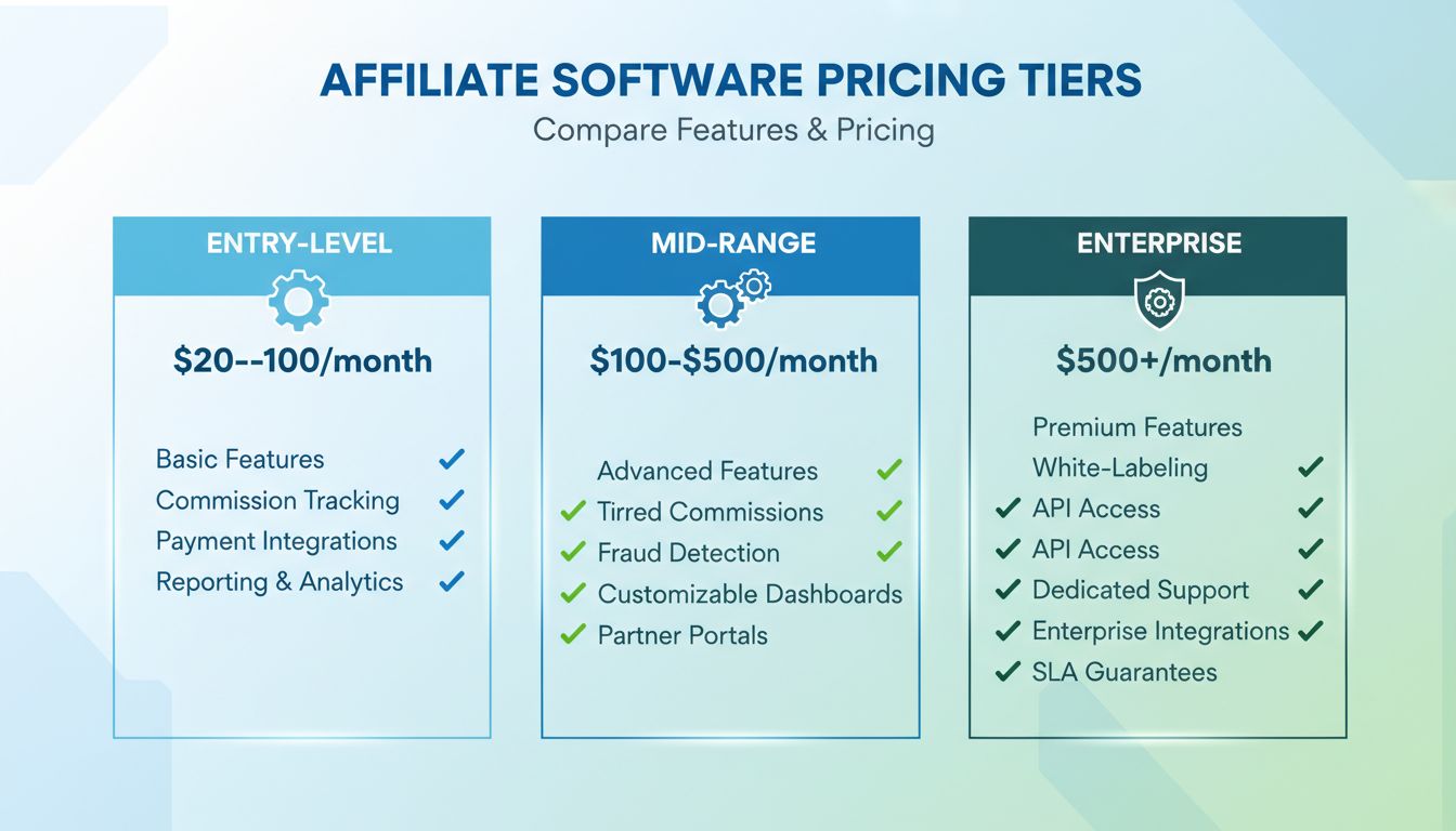 Vergelijkingsgrafiek prijsniveaus affiliate software: instapniveau, middenklasse en enterprise met bijbehorende functies