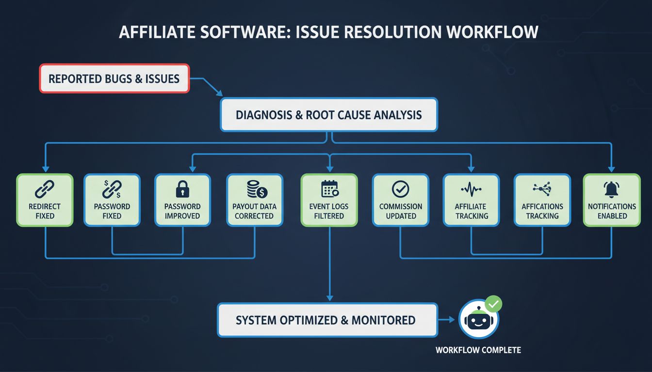 Technisch diagram dat bugfixes en het proces van probleemoplossing toont in Post Affiliate Pro affiliate-software, met pictogrammen voor omleidingslinks, wachtwoordbeveiliging, uitbetalingsgegevens, gebeurtenislogboeken, commissiestatus, affiliate-activiteitstracking en uitbetalingsmeldingen