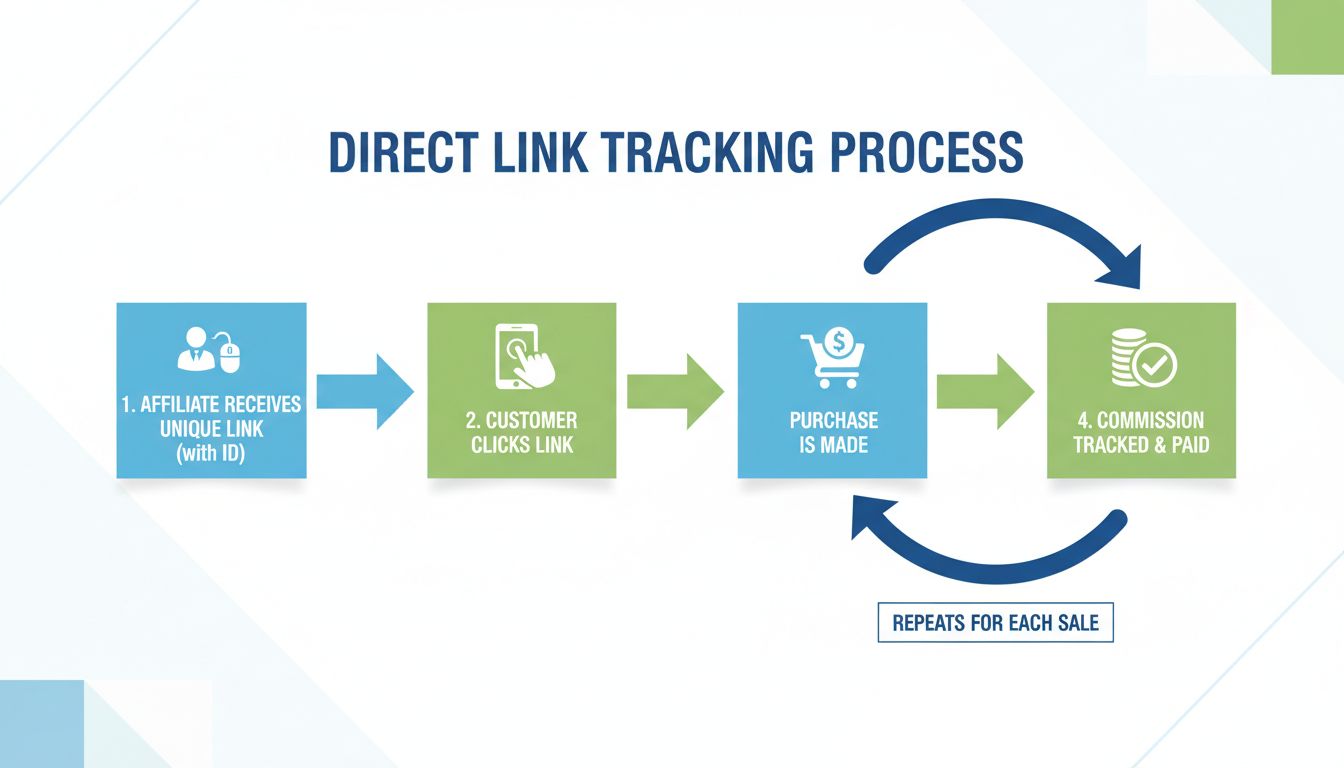 Workflow directe linktracking met affiliate links, unieke identifiers, klantklikken, aankopen en commissie tracking