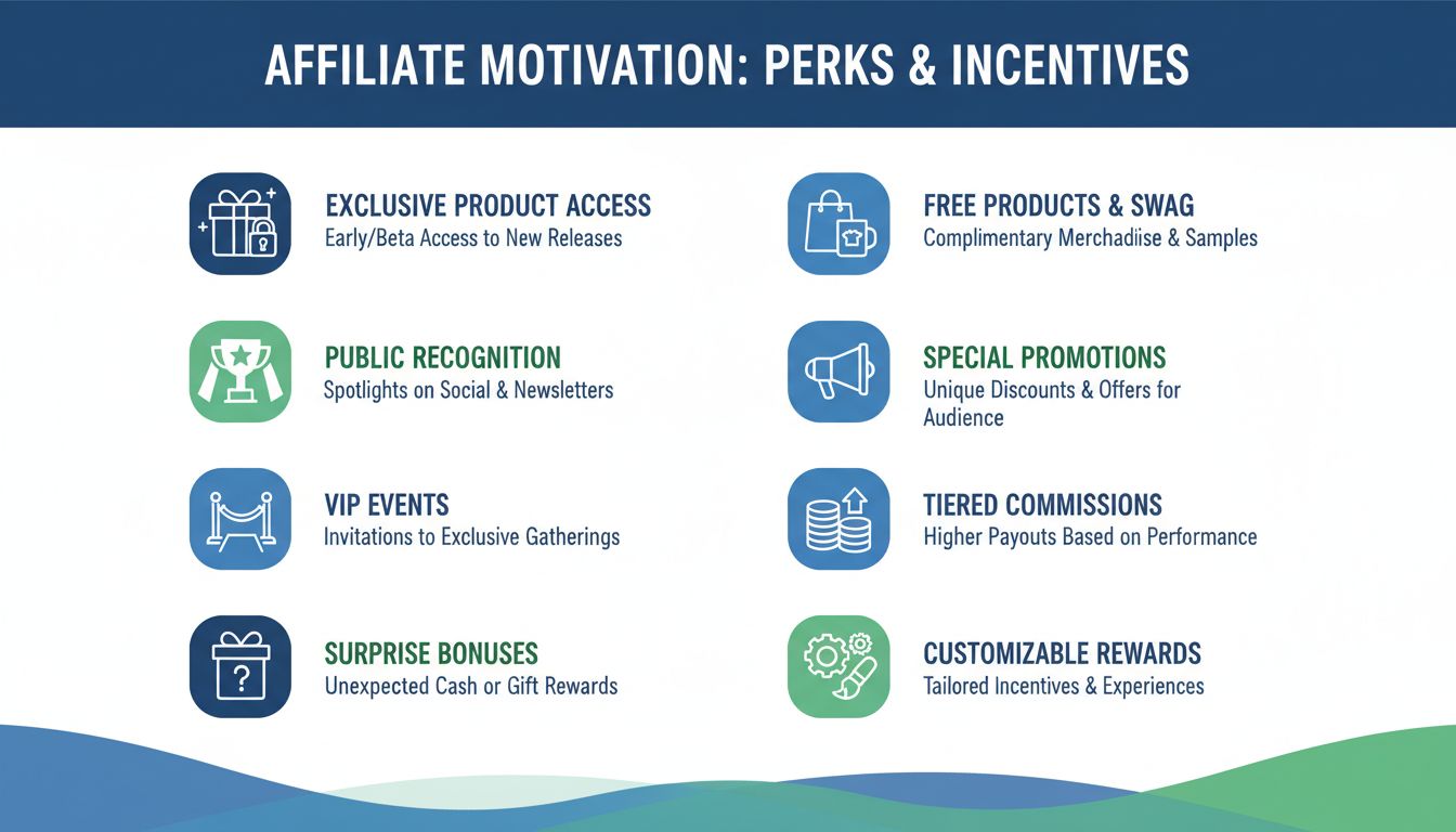 Infographic over affiliate-motivatie, extra's en incentives: exclusieve toegang, erkenning, VIP-events en gelaagde beloningen