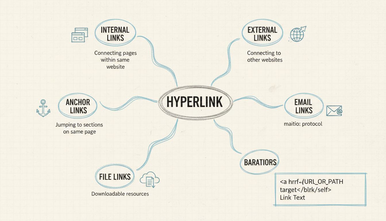 Diagram van hyperlinktypes met interne links, externe links, ankerlinks, e-maillinks en bestandslinks met HTML-codestructuur