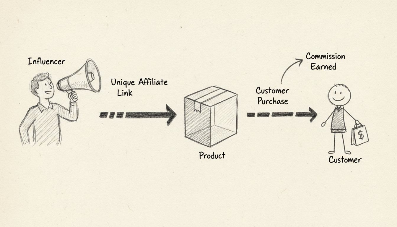 Handgetekend potlooddiagram dat de stroom van een affiliate marketingcampagne toont met influencer, unieke affiliatelink, klantenaankoop en verdiende commissie