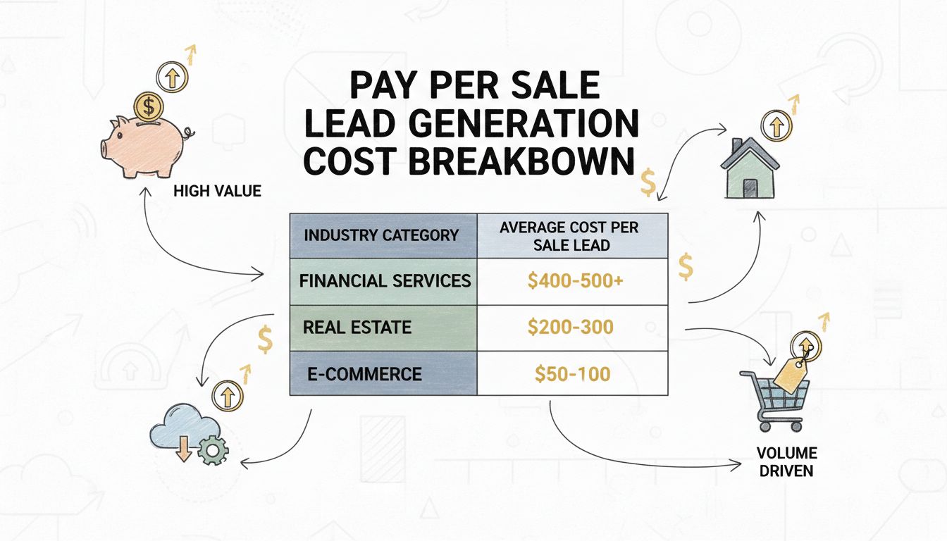 Pay per sale lead generation cost breakdown by industry showing pricing ranges for financial services, real estate, B2B SaaS, and e-commerce