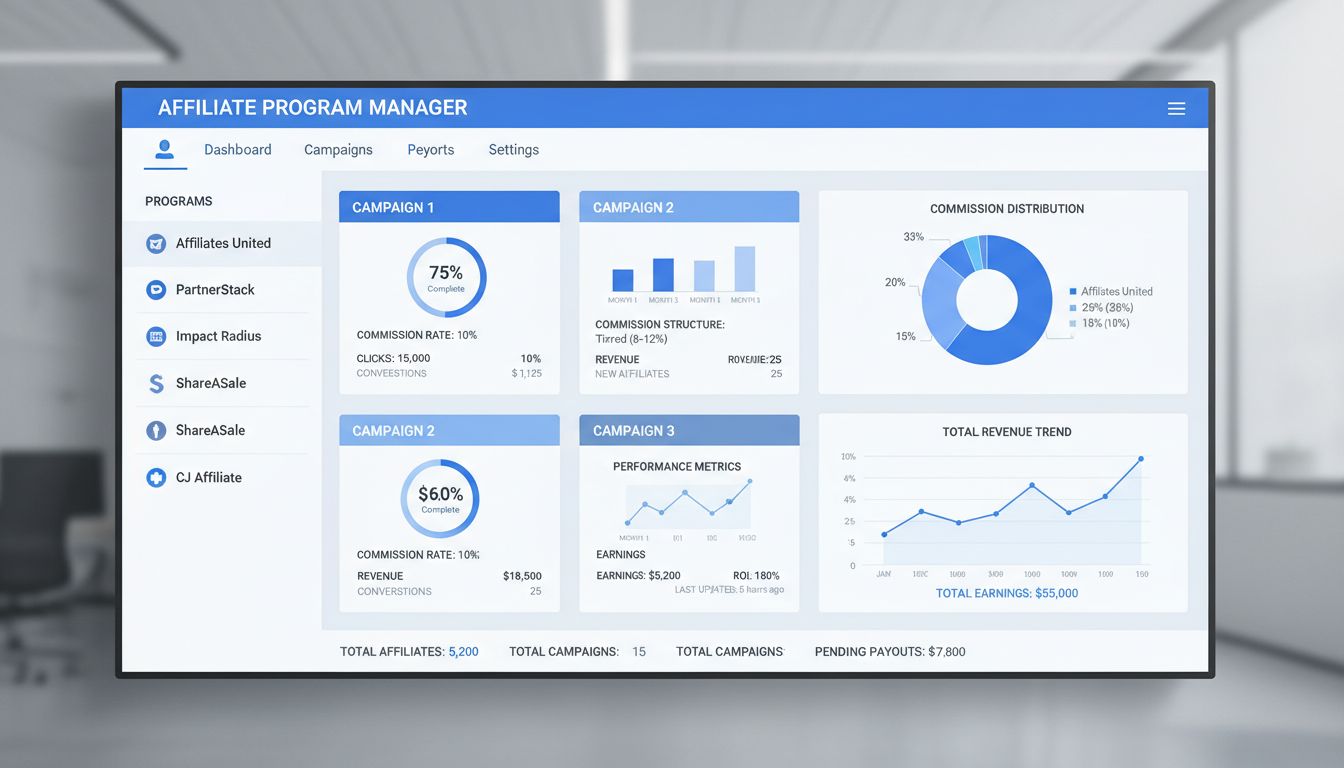 Dashboard voor het beheer van meerdere affiliateprogramma's met verschillende campagnes, commissiestructuren en analyses