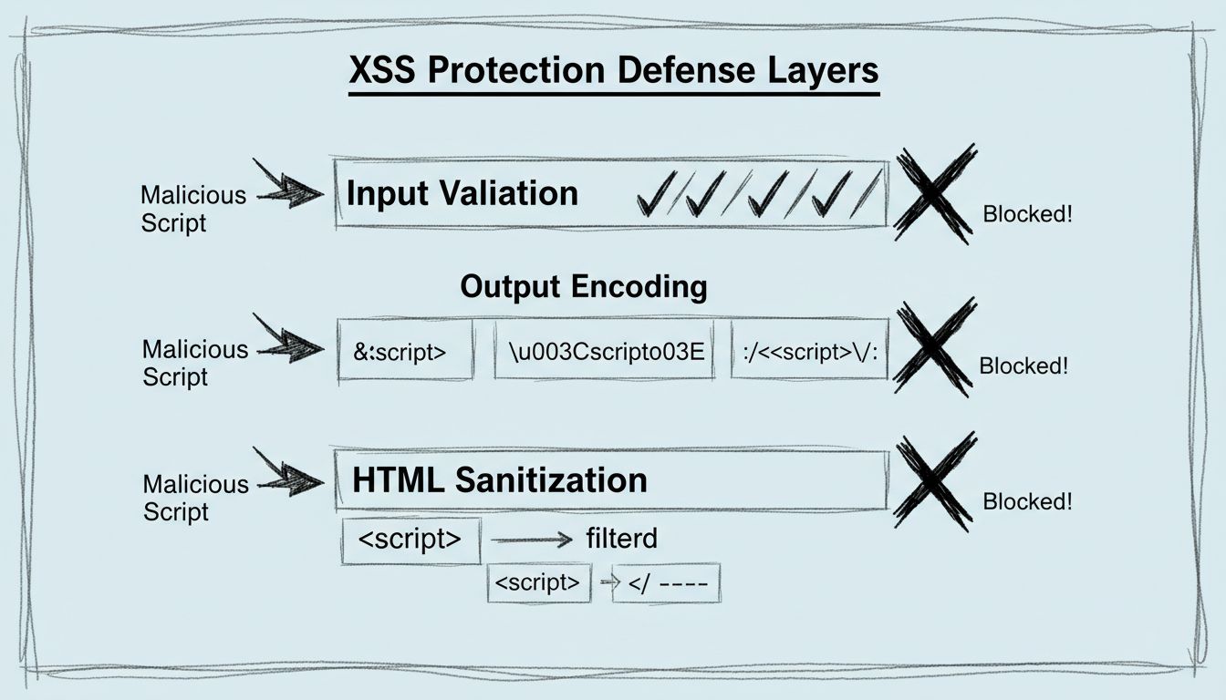 XSS Protection Defense Layers diagram showing input validation, output encoding, and HTML sanitization