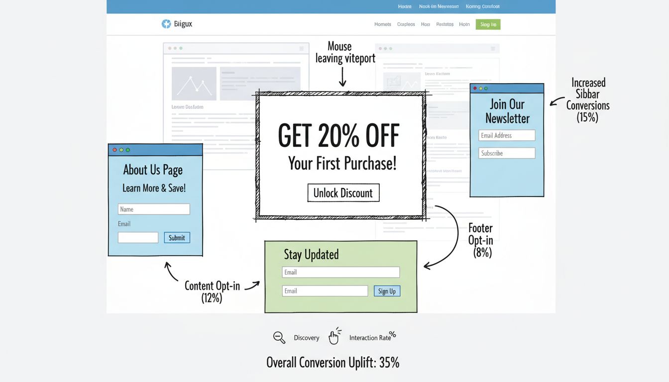 Affiliate marketing pop-up- en opt-in formulierstrategie met exit-intent pop-up, sticky sidebar formulier, footer e-mailverzameling, en Over ons-pagina opt-in plaatsing met conversiemetrics