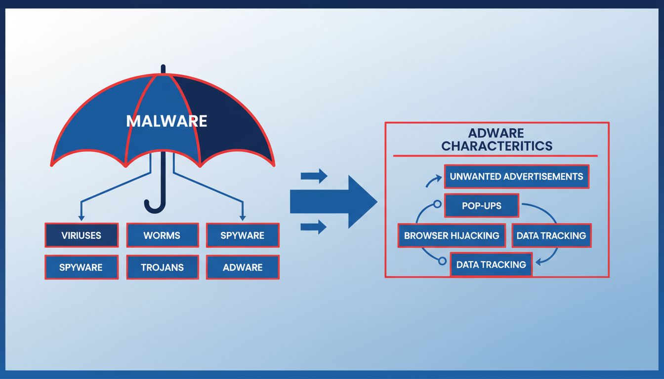 Diagram dat de relatie toont tussen adware- en malwarecategorieën