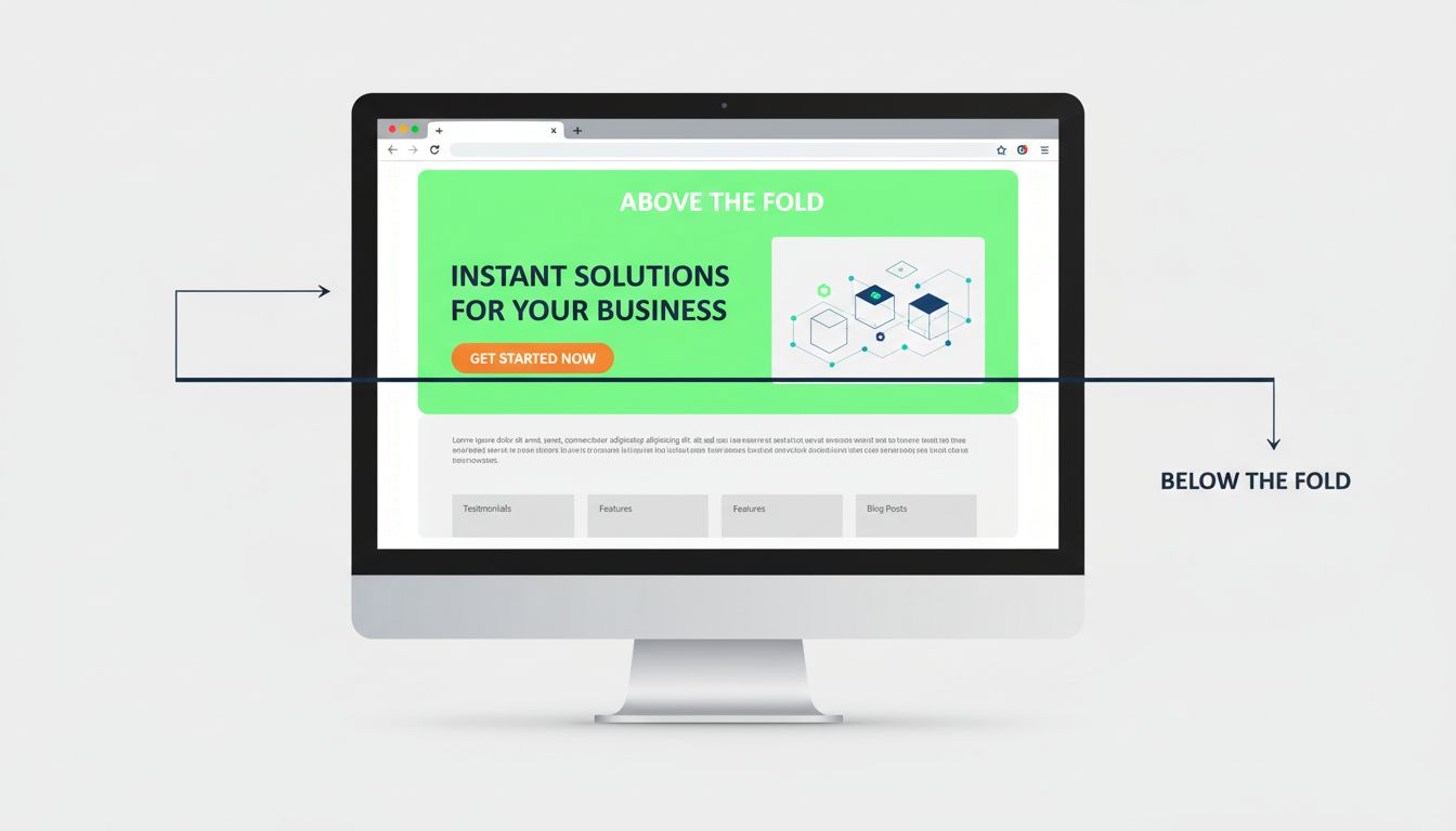 Above the fold webdesign-diagram met browservenster verdeeld in zichtbaar en scrollbaar deel