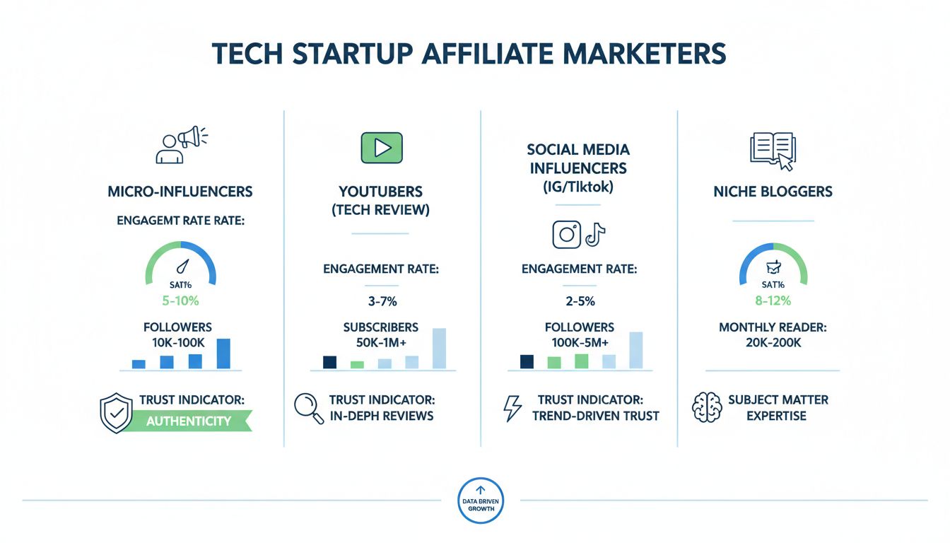 Infographic met verschillende soorten affiliate marketeers voor tech startups, waaronder micro-influencers, YouTubers, social media influencers en nichebloggers, met betrokkenheidspercentages en aantallen volgers