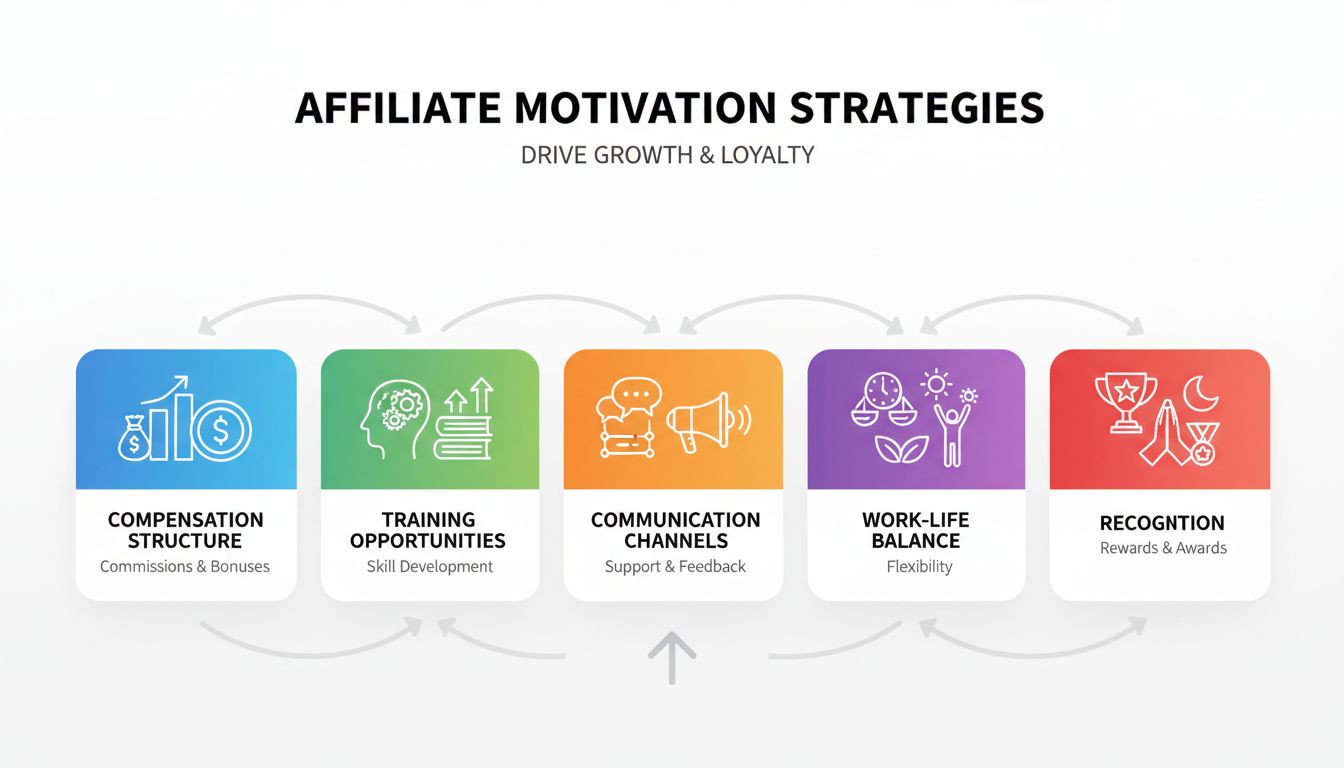 Infographic met affiliate motivatiestrategieën: beloning, training, communicatie, werk-privébalans en erkenning