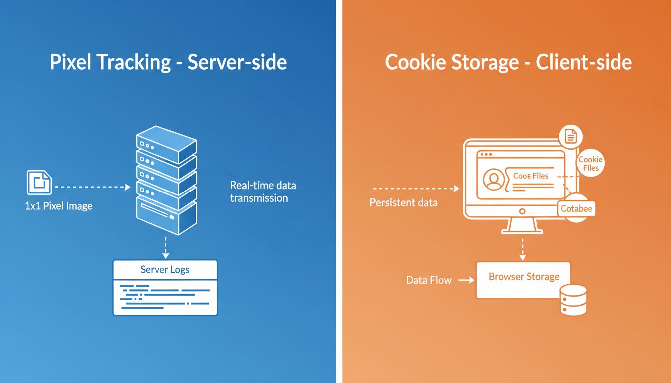 Technisch diagram waarin server-side gegevensoverdracht van pixeltracking wordt vergeleken met cookiestorage in de browser