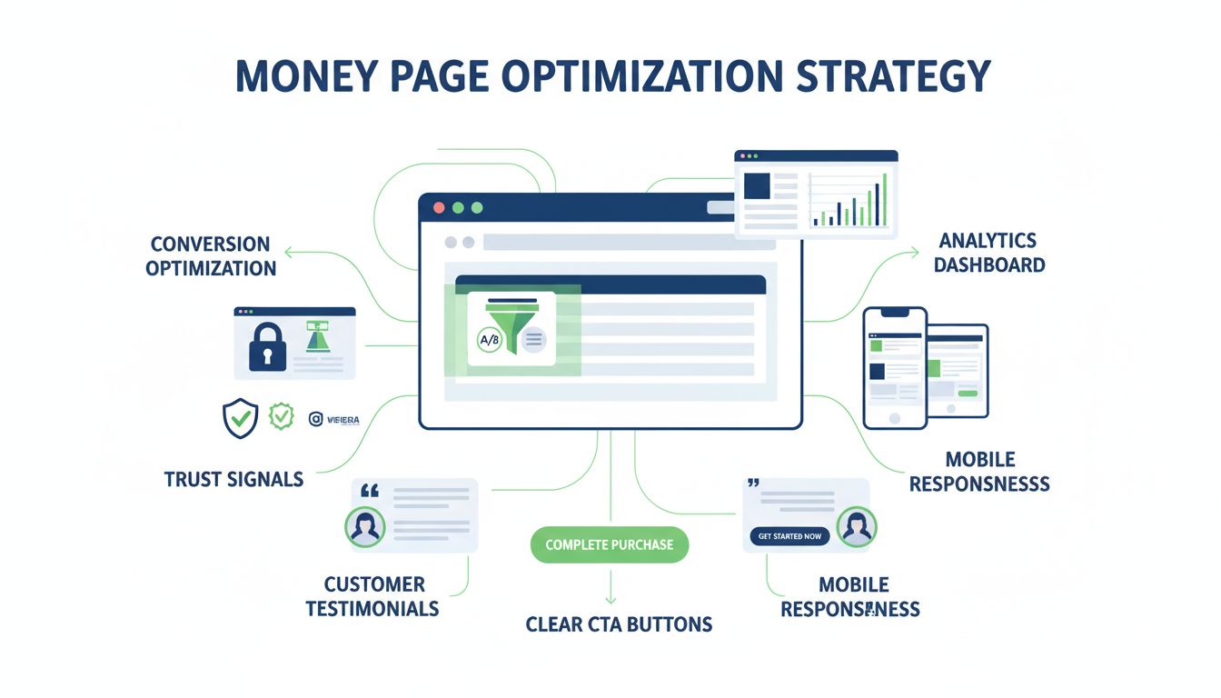 Infographic van money page optimalisatie strategie met conversie-optimalisatie, vertrouwenssignalen, CTA-knoppen, testimonials, mobiele responsiviteit en analytics