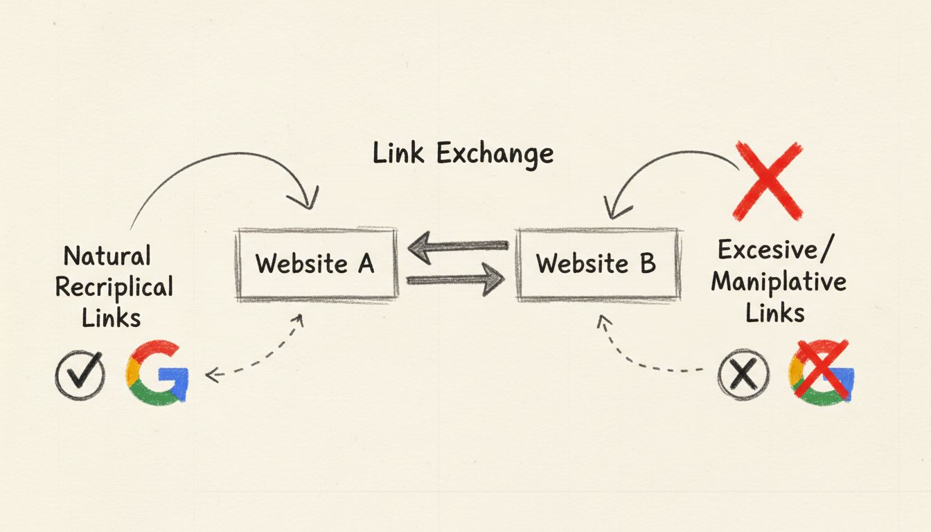 Diagram van wederzijdse links met natuurlijke versus manipulatieve linkuitwisselingen en Google-goedkeuringsindicatoren
