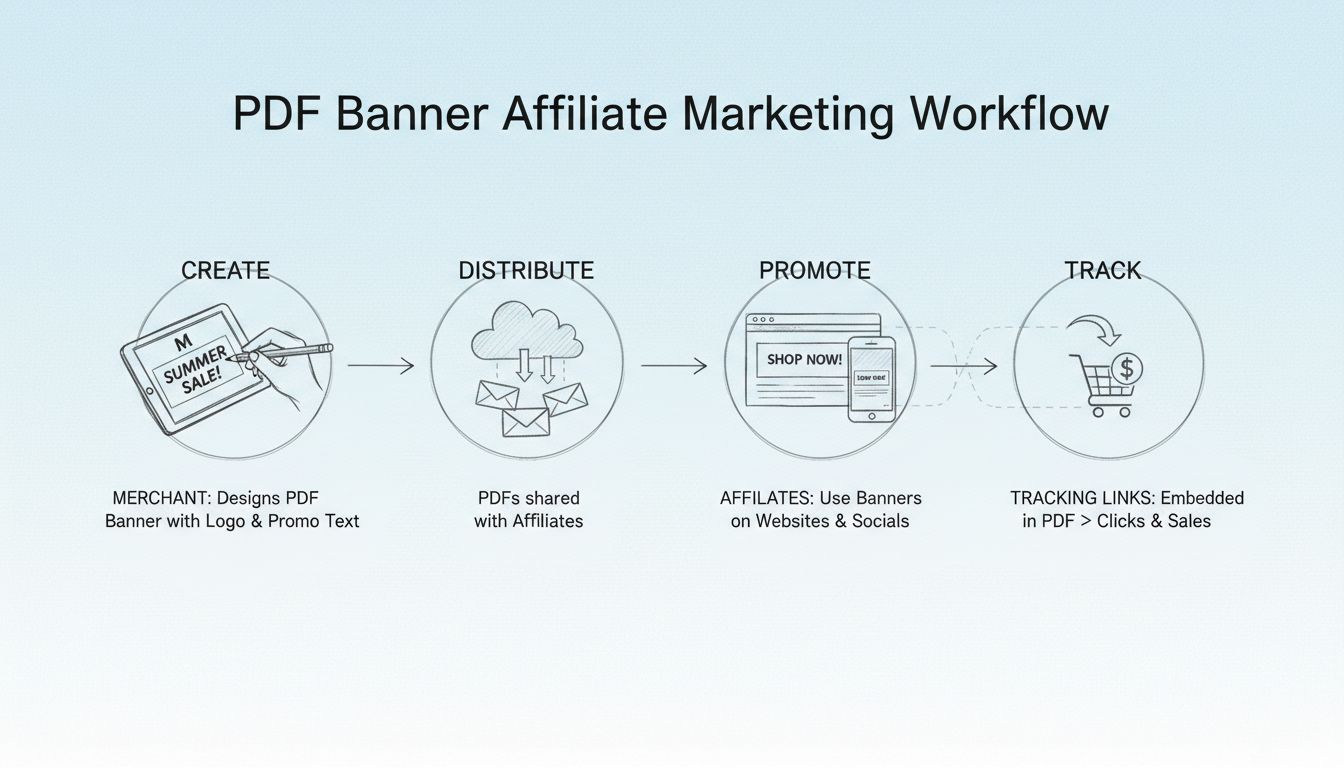 Diagram workflow PDF-bannercreatie met de stappen Maken, Verspreiden, Promoten en Volgen voor affiliate marketing