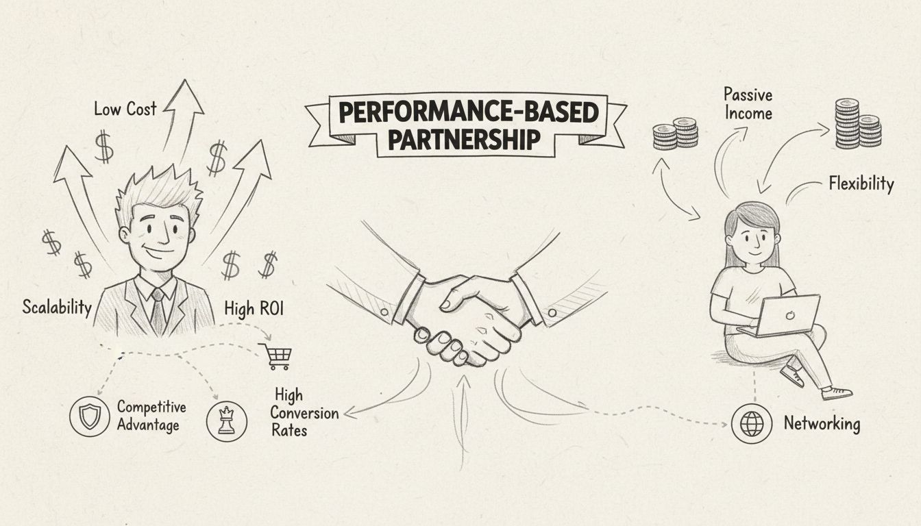 Handgetekend diagram met de voordelen van een affiliateprogramma, waaronder lage kosten, hoge ROI, schaalbaarheid, passief inkomen, flexibiliteit, netwerken en prestatiegerichte samenwerking