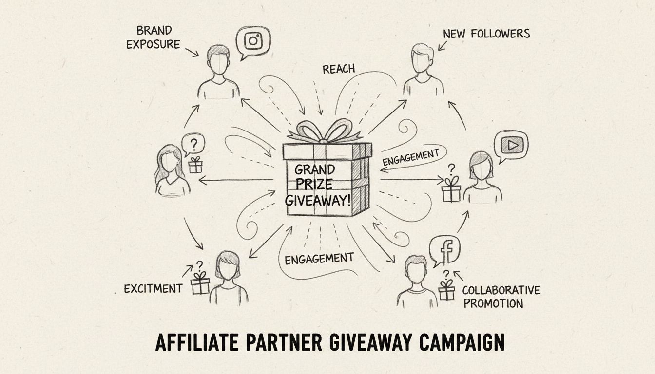 Handgetekend diagram dat affiliatepartners toont die samenwerken in een weggeefcampagne met elementen als merkbekendheid, nieuwe volgers en enthousiasme