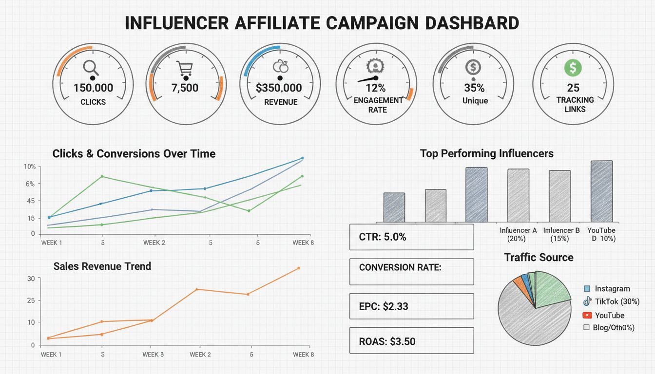 Dashboard van influencer affiliate-campagnestatistieken met klikken, conversies, ROI, engagement rates en tracking analytics