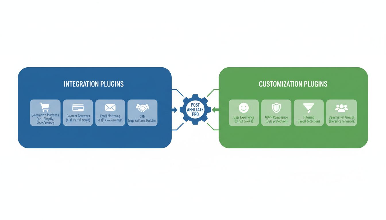 Diagram van de pluginarchitectuur van Post Affiliate Pro met categorieën integratie- en aanpassingsplugins