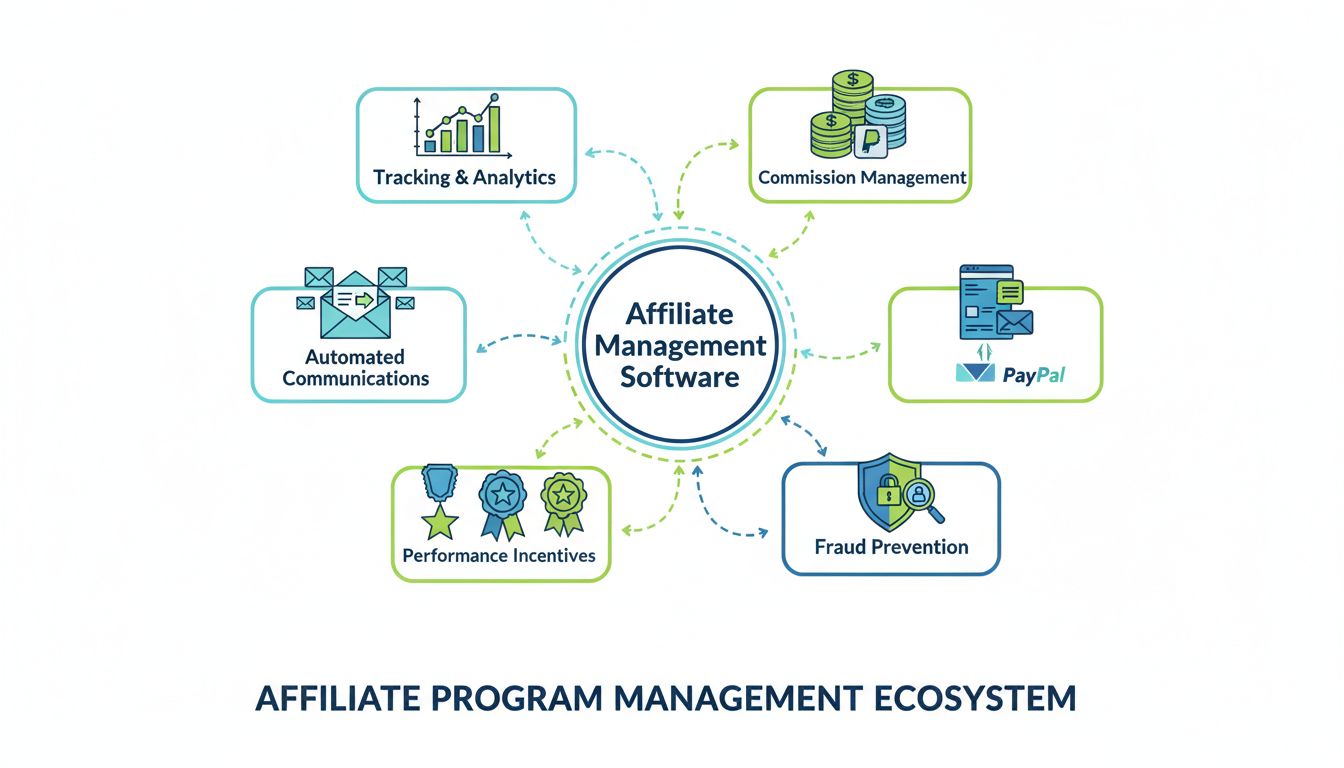 Affiliateprogramma beheer tools ecosysteem met centraal knooppunt verbonden met tracking, commissiebeheer, communicatie, incentives en fraudepreventie