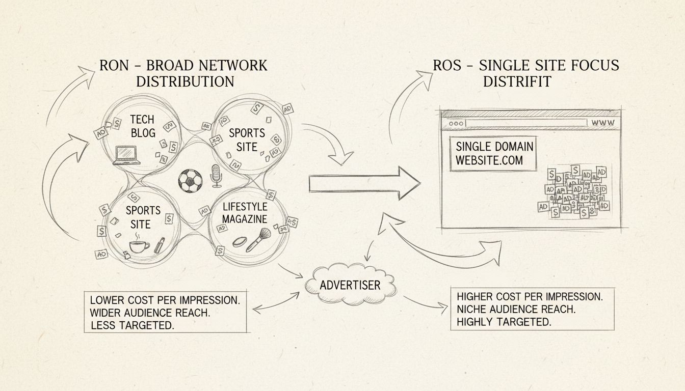 Met de hand getekend diagram dat Run of Network (RON) en Run of Site (ROS) advertentiestrategieën vergelijkt: breed netwerkbereik versus focus op één site