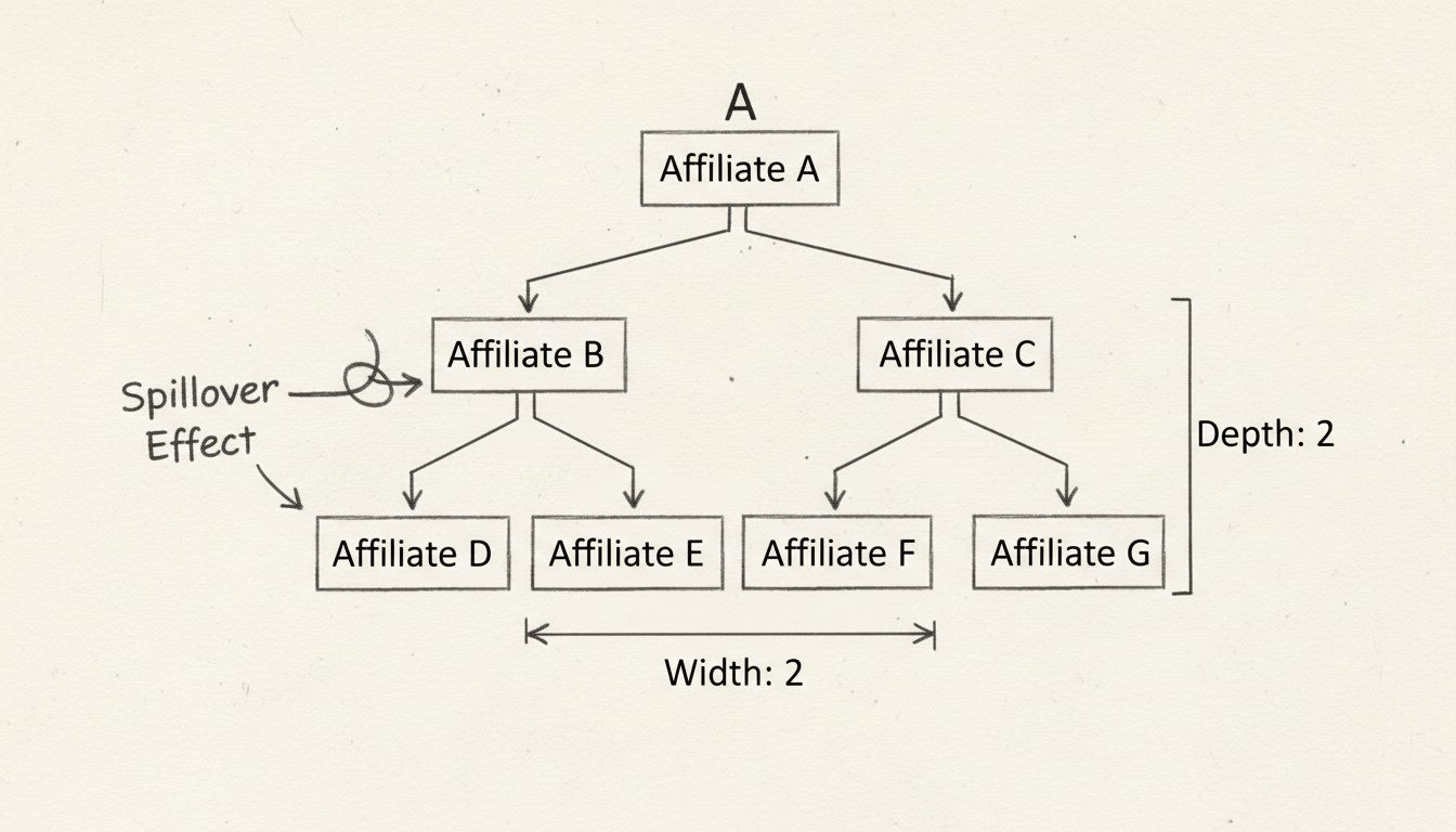 Handgetekend diagram van forced matrix affiliate-structuur met spillover-effect, breedte- en diepteparameters