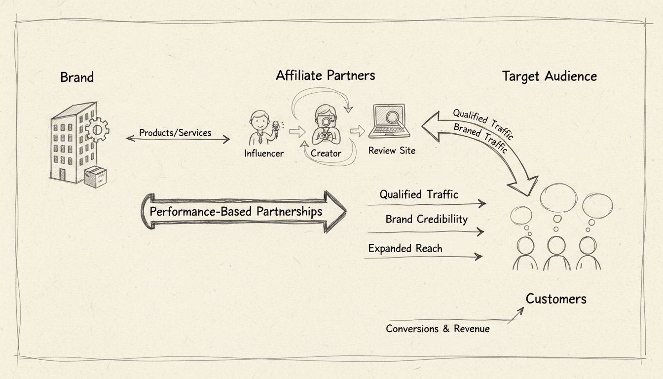 Diagram van het affiliate marketing-ecosysteem met verbindingen tussen merk, affiliate partners en doelgroepen, met prestatiegerichte samenwerkingen en gekwalificeerd verkeer