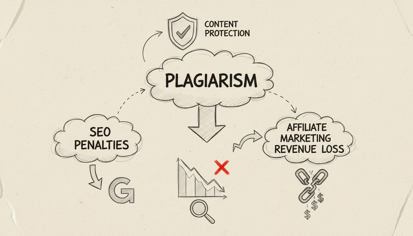 Diagram dat de relatie toont tussen plagiaat, SEO-boetes en verlies van affiliate-inkomsten
