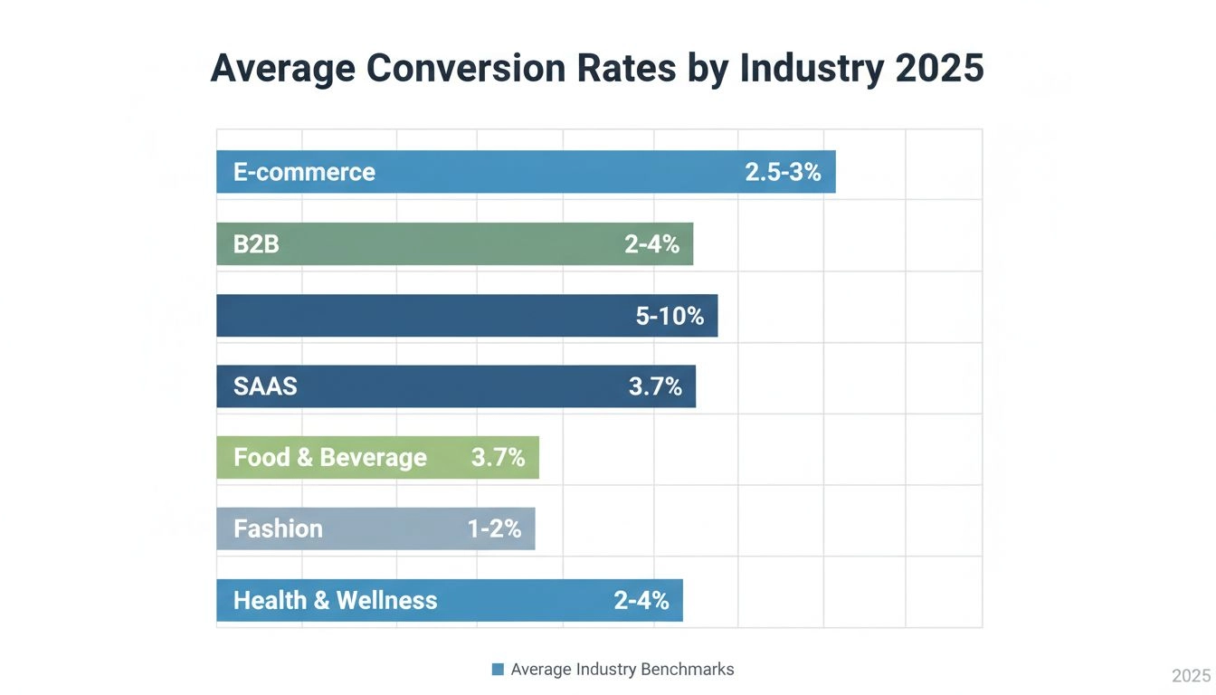 Conversieratio benchmarks per sector 2025 met staafdiagram en percentages voor e-commerce, B2B, SaaS, voeding en dranken, mode en gezondheid & wellness