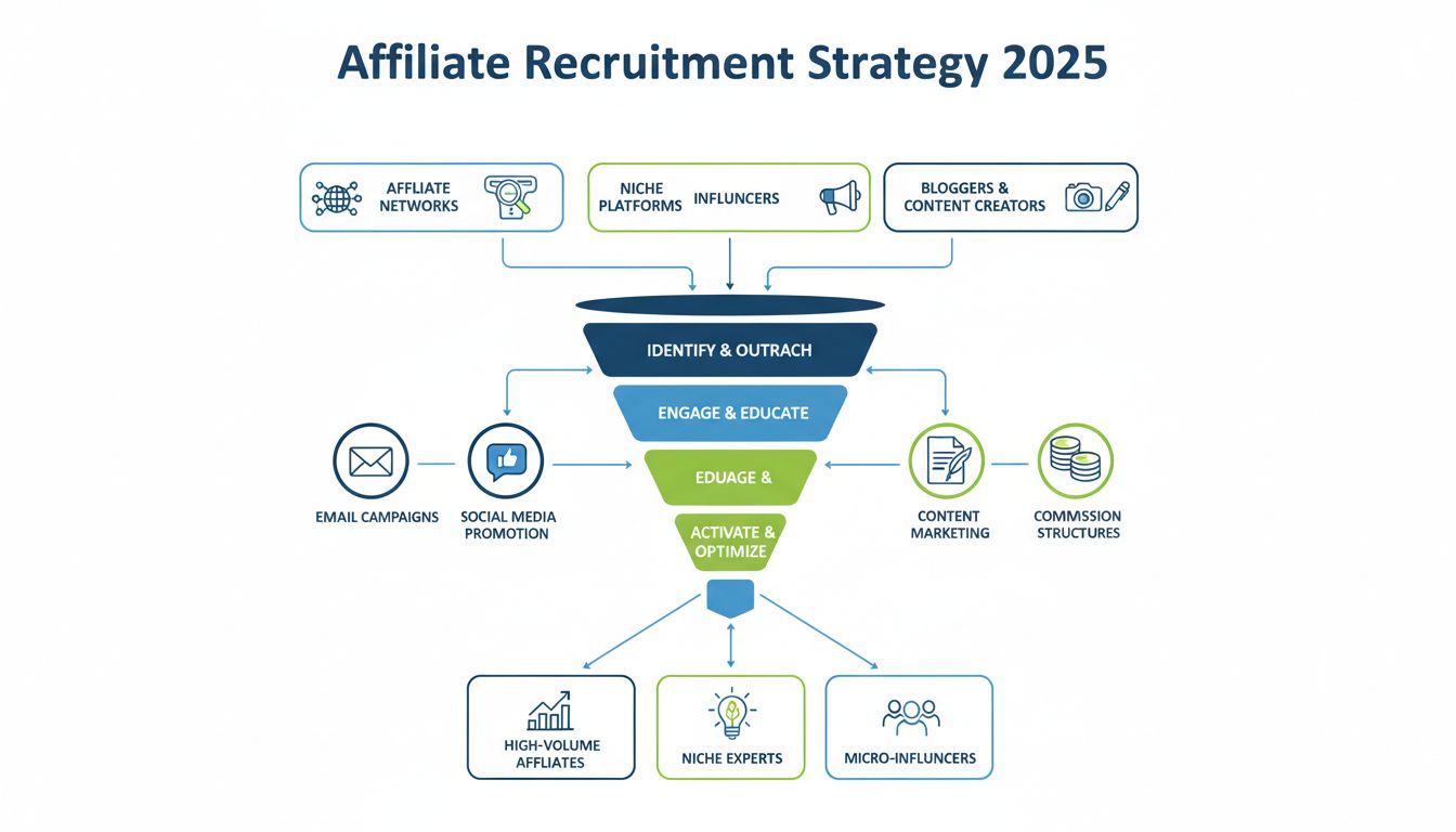 Affiliate Recruitment Strategy 2025 met meerdere kanalen, inclusief affiliatenetwerken, nicheplatforms, influencers, bloggers en contentmakers met wervingsfunnel