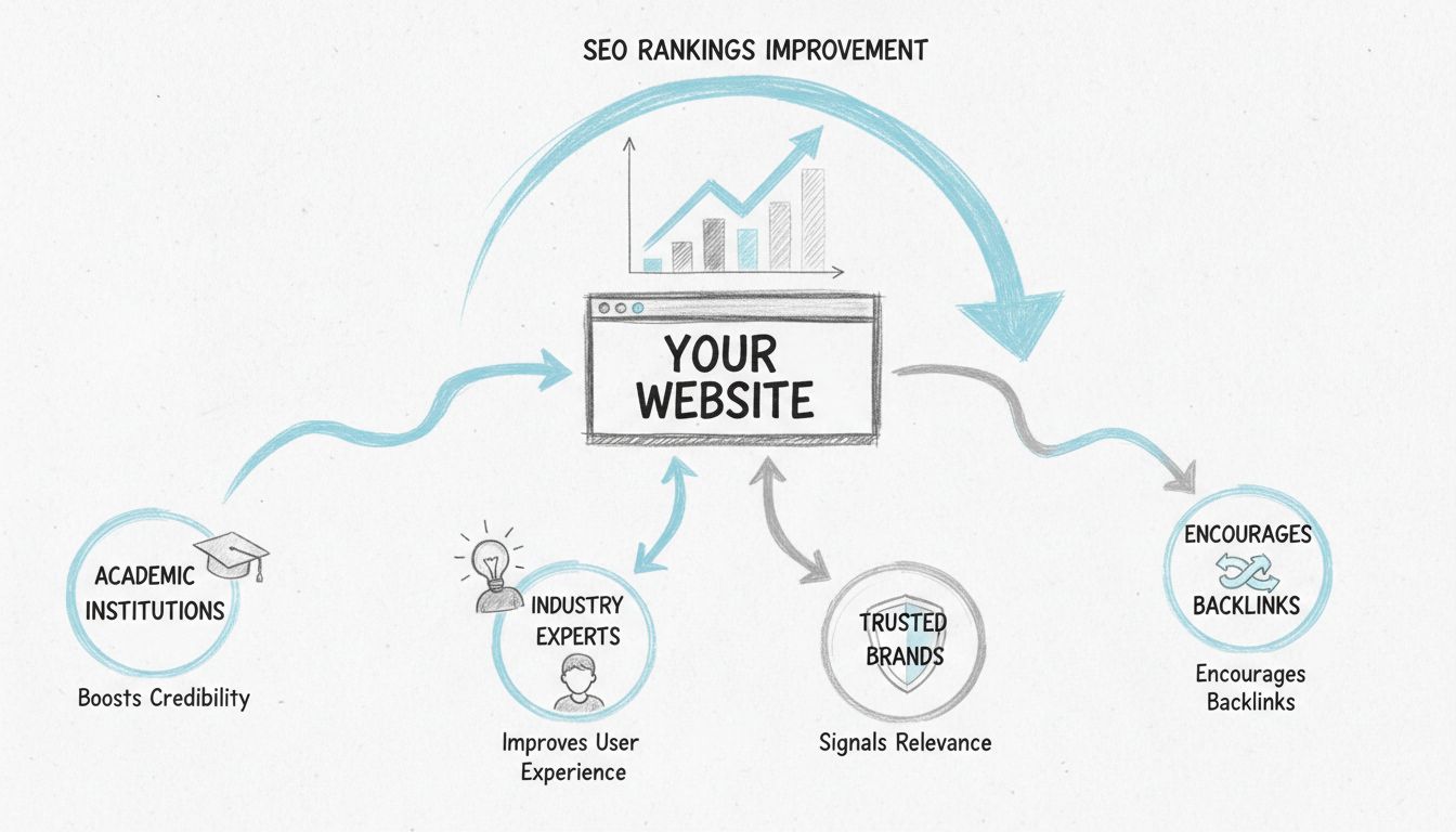 Handgetekend diagram dat toont hoe uitgaande links SEO-rankings verbeteren met pijlen naar geloofwaardigheid, gebruikerservaring, relevantiesignalen en aanmoediging van backlinks
