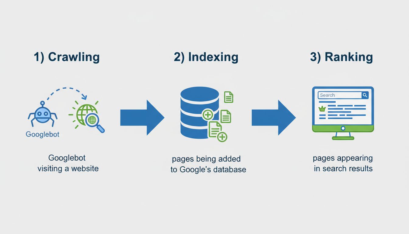 Google-pagina-indexeringsproces met de stappen crawlen, indexeren en ranken