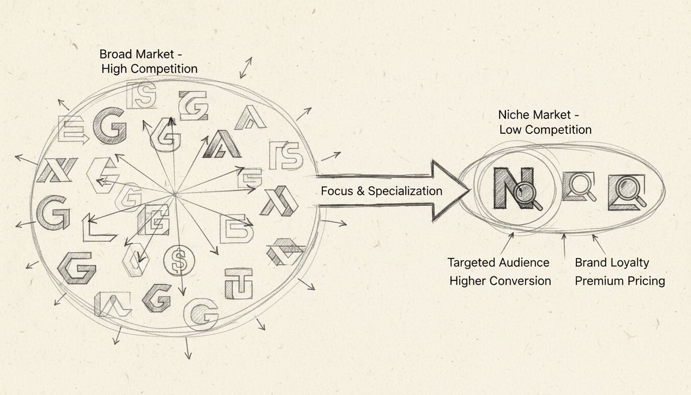 Diagram van nichemarketingstrategie met brede markt versus gefocuste nichemarkt met minder concurrentie