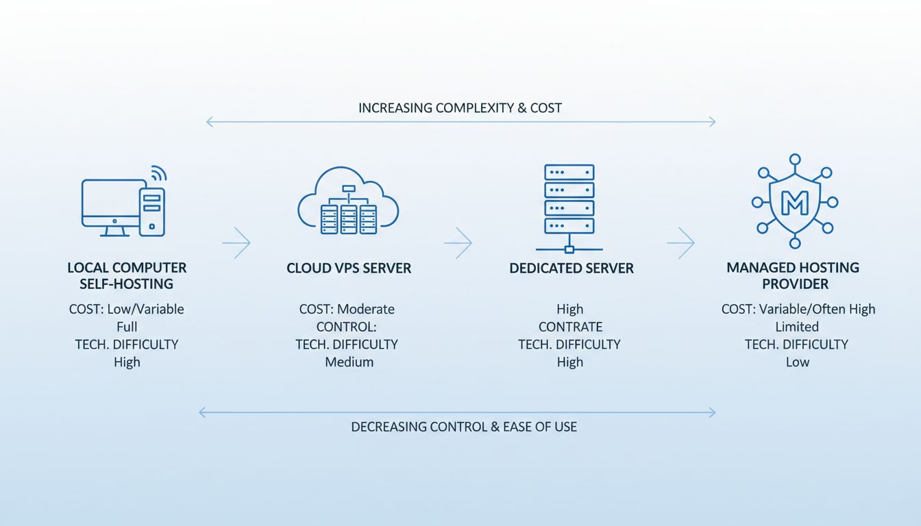 Vergelijkingsdiagram van hostingopties met lokale computer, cloud VPS, dedicated server en managed hosting