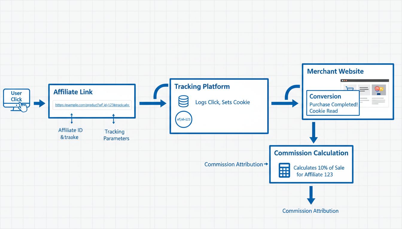 Technisch diagram dat de flow van een affiliate trackinglink toont met gebruikersklik, trackingparameters en conversie-attributie