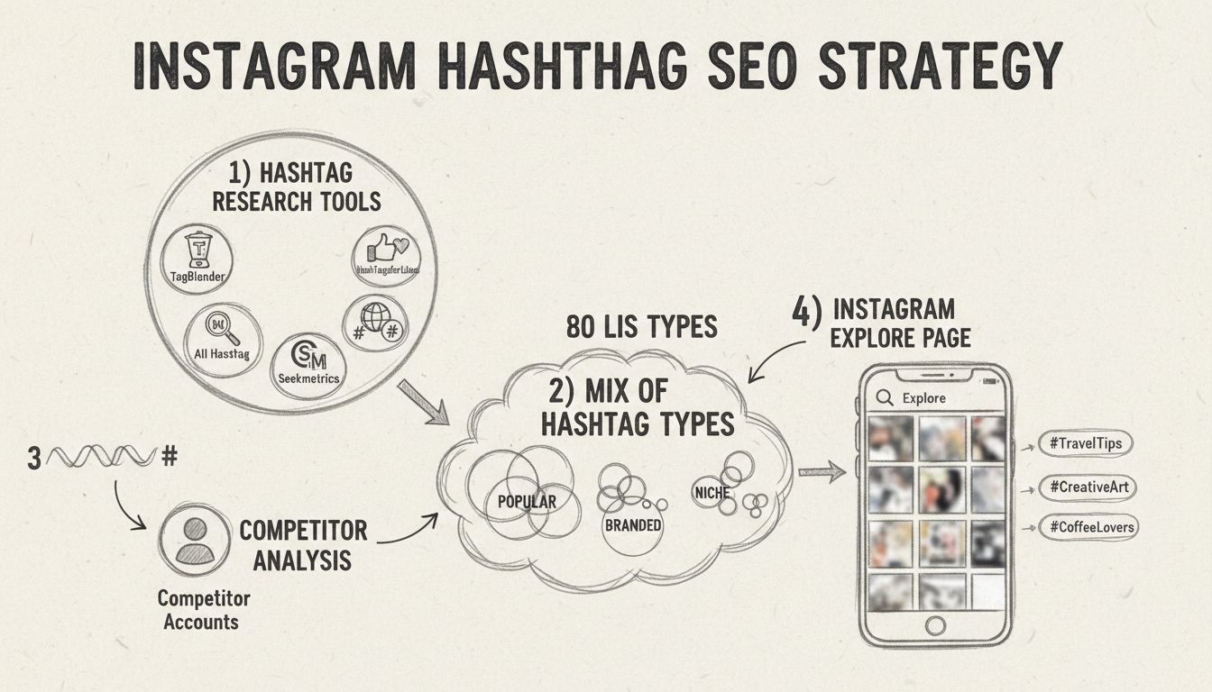 Instagram hashtag research strategy infographic showing hashtag tools, types, and competitor analysis